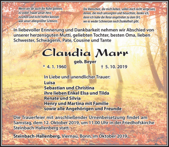 Traueranzeige von Claudia Marr von Südthüringer Presse