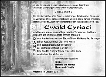 Traueranzeige von Ewald Dyriaci von Südthüringer Presse