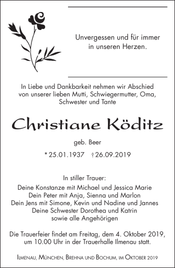 Traueranzeige von Christiane Köditz von Südthüringer Presse