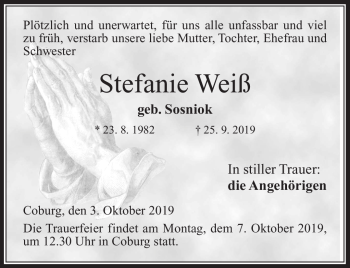 Traueranzeige von Stefanie Weiß von Neue Presse Coburg