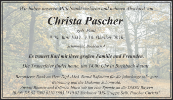 Traueranzeige von Christa Pascher von Frankenpost