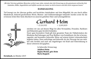 Traueranzeige von Gerhard Heim von Südthüringer Presse