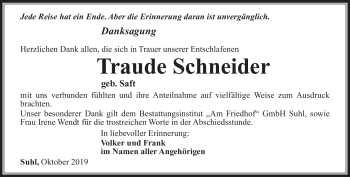 Traueranzeige von Traude Schneider von Südthüringer Presse