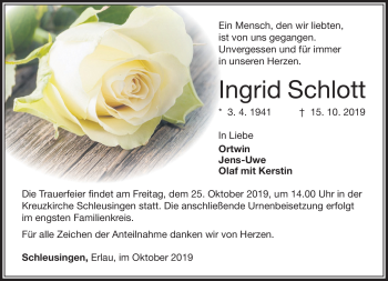 Traueranzeige von Ingrid Schlott von Südthüringer Presse