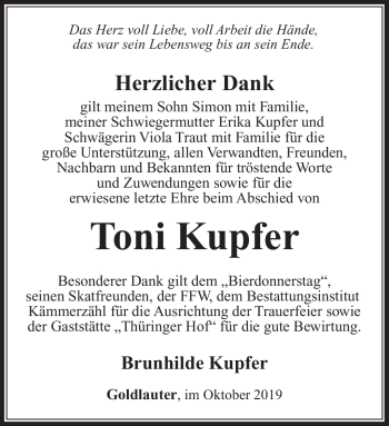Traueranzeige von Toni Kupfer von Südthüringer Presse