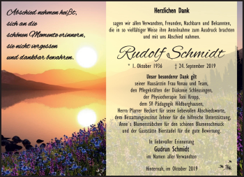 Traueranzeige von Rudolf Schmidt von Südthüringer Presse