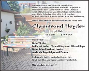 Traueranzeige von Ehrentraud Heyder von Südthüringer Presse