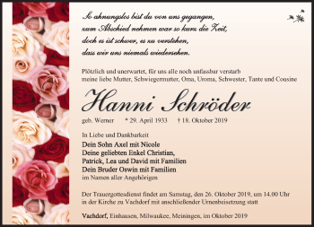 Traueranzeige von Hanni Schröder von Südthüringer Presse