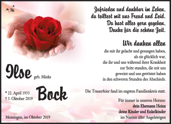 Traueranzeige von Ilse Bock von Südthüringer Presse