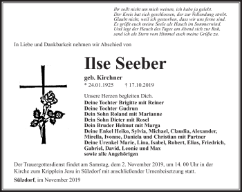 Traueranzeige von Ilse Seeber von Südthüringer Presse