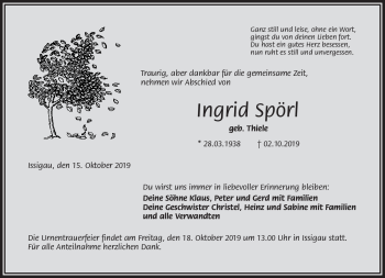 Traueranzeige von Ingrid Spörl von Frankenpost