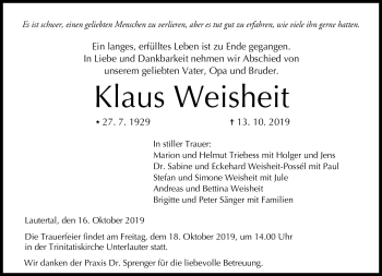 Traueranzeige von Klaus Weihsheit von Neue Presse Coburg