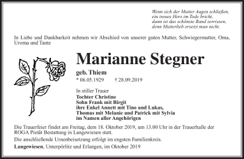 Traueranzeige von Marianne Stegner von Südthüringer Presse