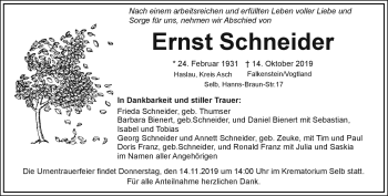 Traueranzeige von Ernst Schneider von Frankenpost