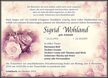 Traueranzeige von Sigrid Wohland von Südthüringer Presse