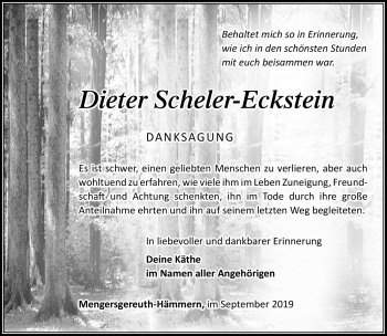 Traueranzeige von Dieter Scheler-Eckstein von Südthüringer Presse