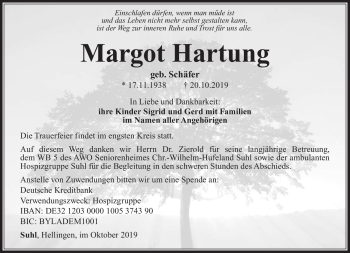 Traueranzeige von Margot Hartung von Südthüringer Presse