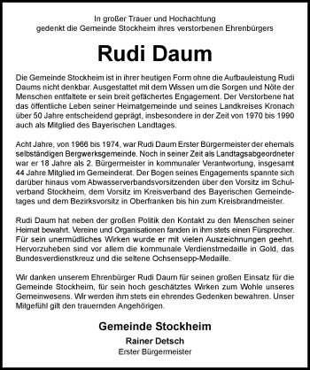 Traueranzeige von Rudi Daum von Neue Presse Coburg