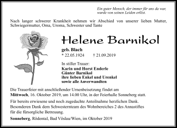Traueranzeige von Helene Barnikol von Südthüringer Presse