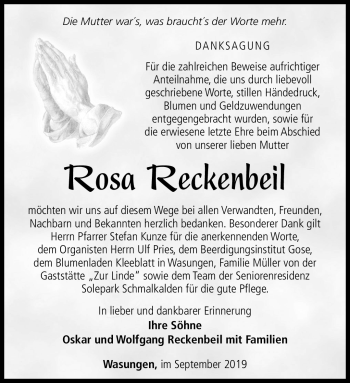Traueranzeige von Rosa Reckenbeil von Südthüringer Presse