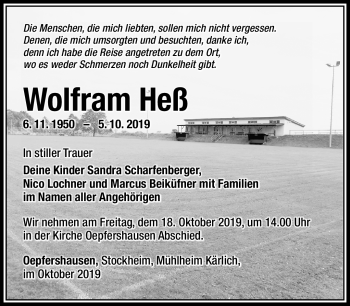Traueranzeige von Wolfram Heß von Südthüringer Presse