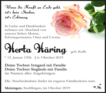 Traueranzeige von Herta Häring von Südthüringer Presse