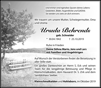 Traueranzeige von Ursula Behrends von Südthüringer Presse