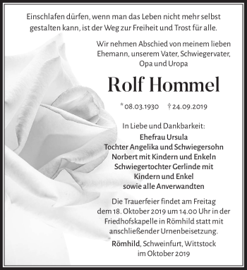 Traueranzeige von Rolf Hommel von Südthüringer Presse