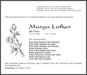 Traueranzeige von Marga Luther von Südthüringer Presse