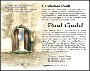 Traueranzeige von Paul Gudd von Südthüringer Presse