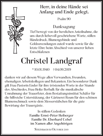 Traueranzeige von Christel Landgraf von Südthüringer Presse