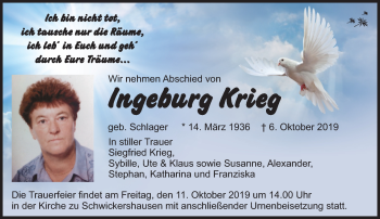 Traueranzeige von Ingeburg Krieg von Südthüringer Presse