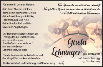 Traueranzeige von Giesela Lehninger von Südthüringer Presse