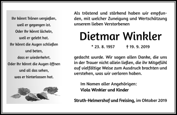 Traueranzeige von Dietmar Winkler von Südthüringer Presse