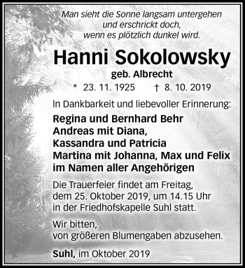 Traueranzeige von Hanni Sokolowsky von Südthüringer Presse