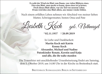 Traueranzeige von Liesbeth Koch von Südthüringer Presse