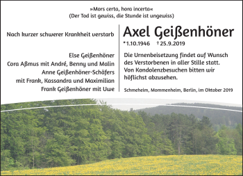 Traueranzeige von Axel Geißenhöner von Südthüringer Presse