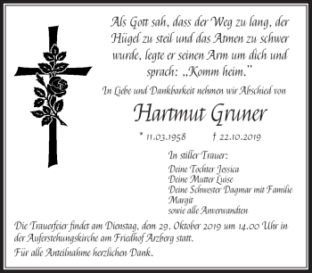 Traueranzeige von Hartmut Gruner von Frankenpost