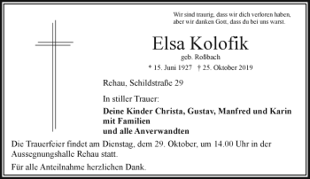Traueranzeige von Elsa Kolofik von Frankenpost