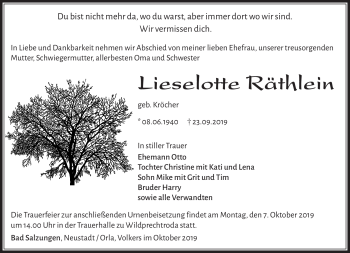 Traueranzeige von Lieselotte Räthlein von Südthüringer Presse