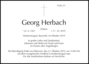 Traueranzeige von Georg Herbach von Frankenpost