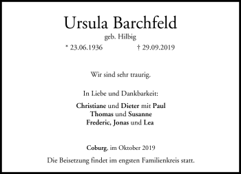 Traueranzeige von Ursula Barchfeld von Neue Presse Coburg