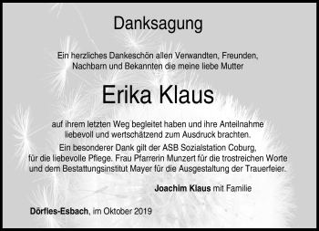Traueranzeige von Erika Klaus von Neue Presse Coburg