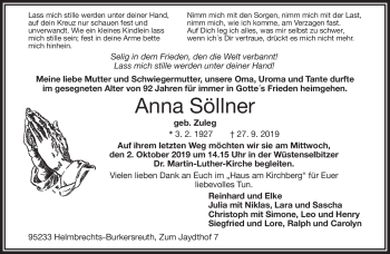 Traueranzeige von Anna Söllner von Frankenpost