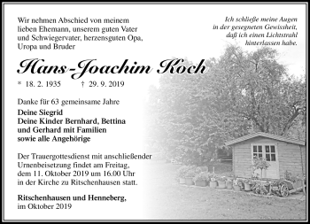 Traueranzeige von Hans-Joachim Koch von Südthüringer Presse