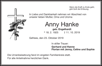 Traueranzeige von Anny Hanke von Frankenpost