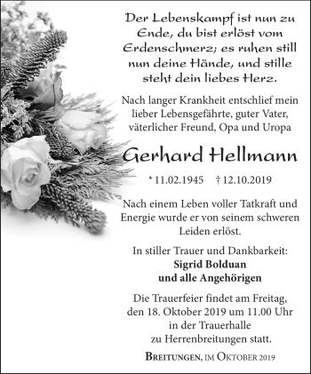 Traueranzeige von Gerhard Hellmann von Südthüringer Presse