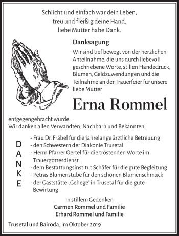 Traueranzeige von Erna Rommel von Südthüringer Presse