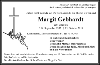 Traueranzeige von Margit Gebhardt von Frankenpost