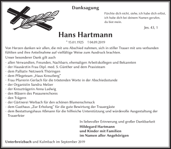 Traueranzeige von Hans Hartmann von Südthüringer Presse